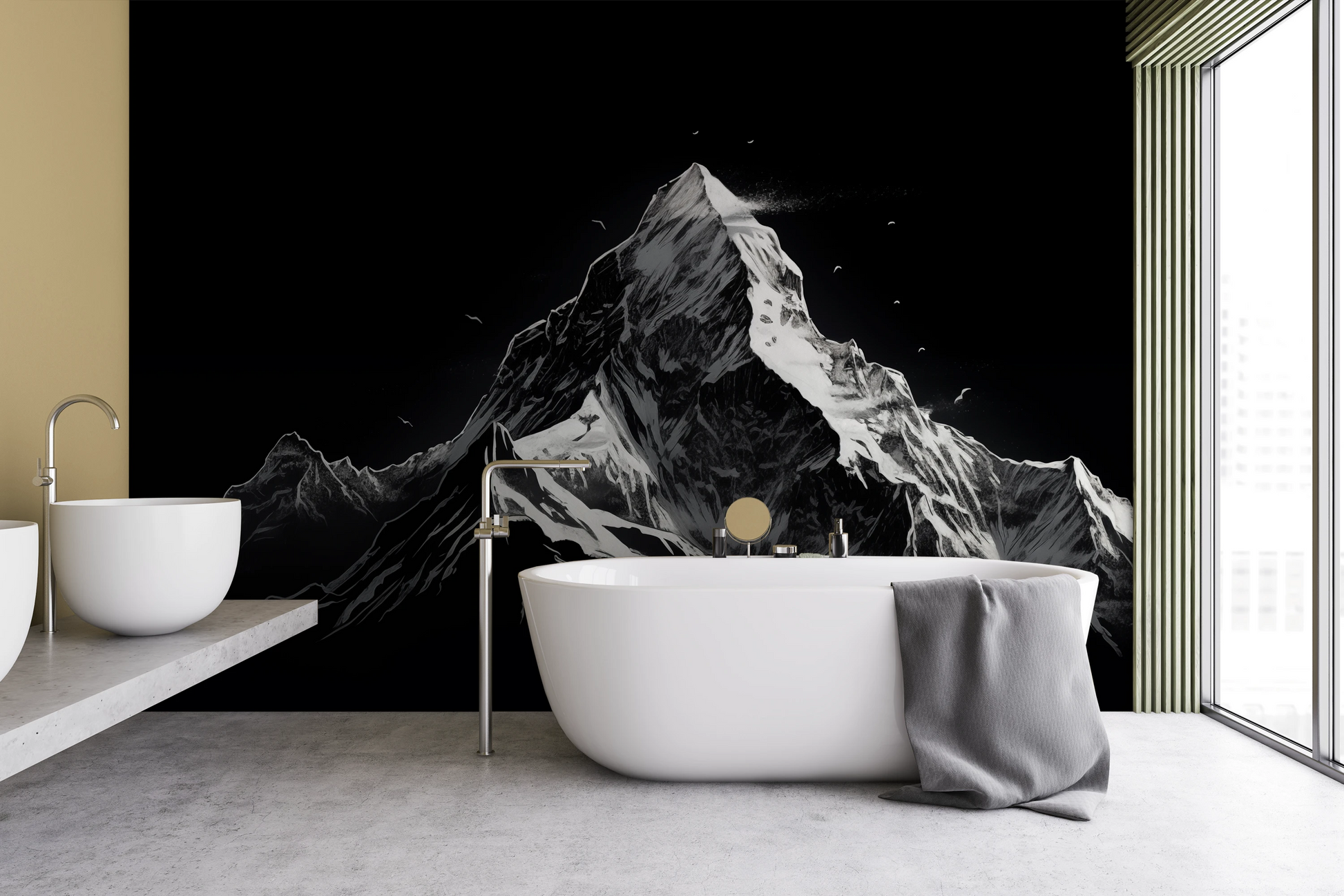 Wzór fototapety malowanej o nazwie Monochromatic Majesty pokazanej w aranżacji wnętrza.