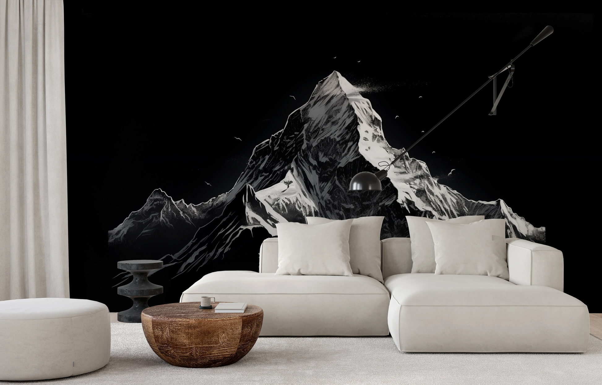 Zdjęcie prezentuje aranżację wnętrza z użyciem fototapety o nazwie Monochromatic Majesty pokazanej w aranżacji wnętrza.