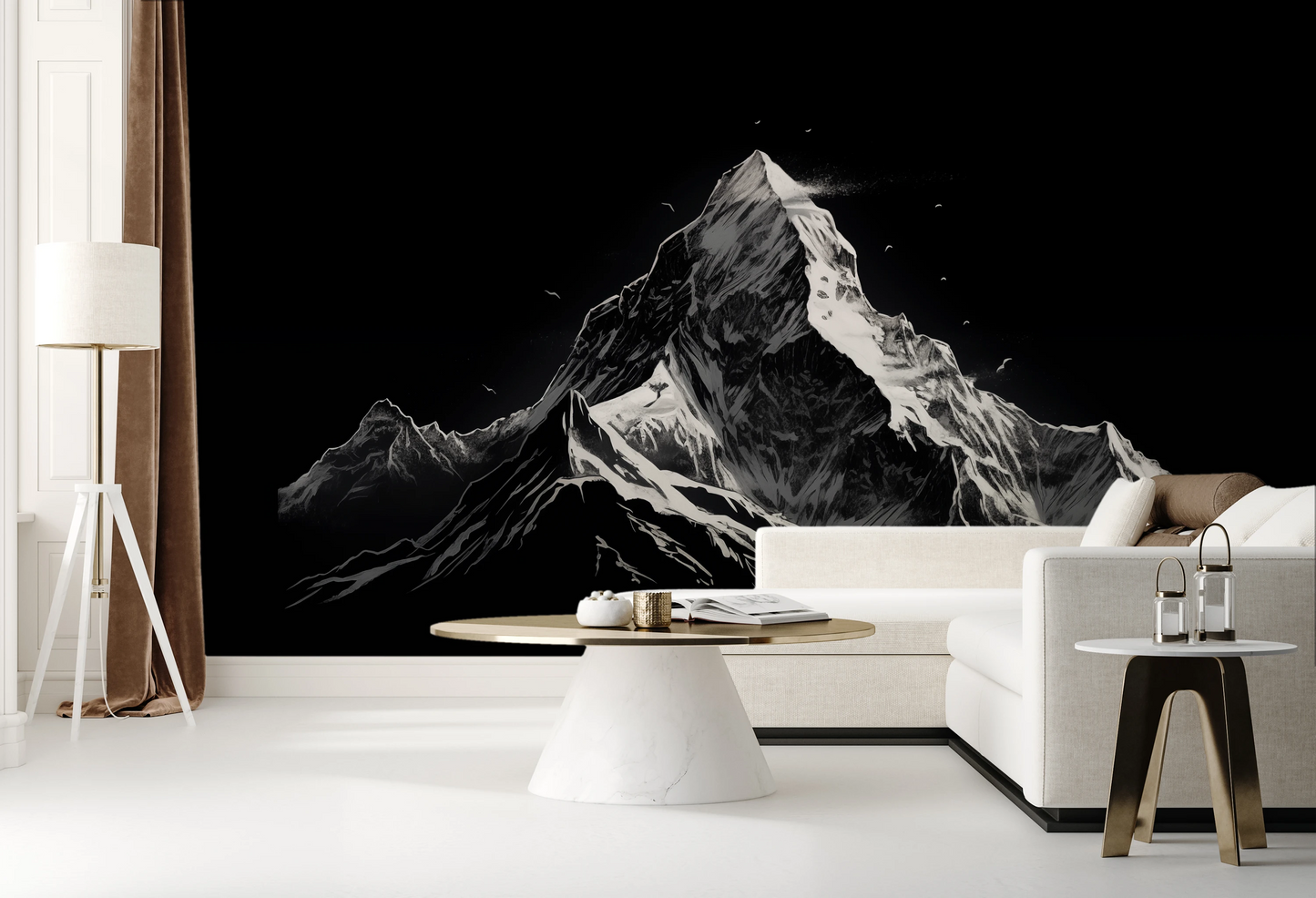 Wzór fototapety artystycznej o nazwie Monochromatic Majesty pokazanej w aranżacji wnętrza.