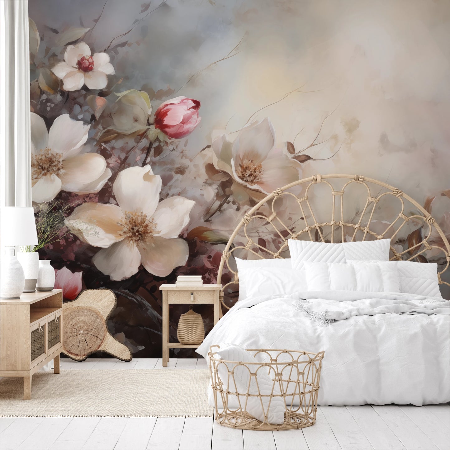 Wzór fototapety artystycznej o nazwie Serene Magnolias pokazanej w aranżacji wnętrza.