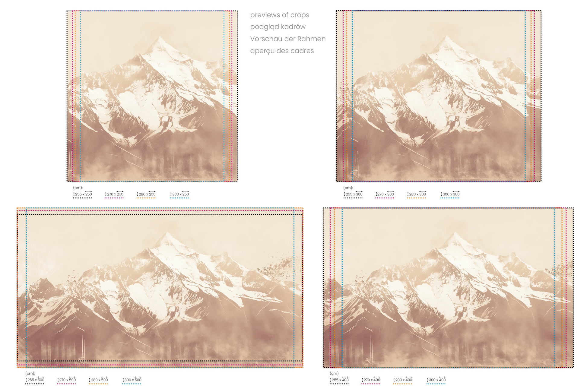 Na obrazie znajduje się prezentacja przykładowych rozmiarów fototapety o nazwie Sepia Summit. Rozmiar fototapety jest dowolny.
