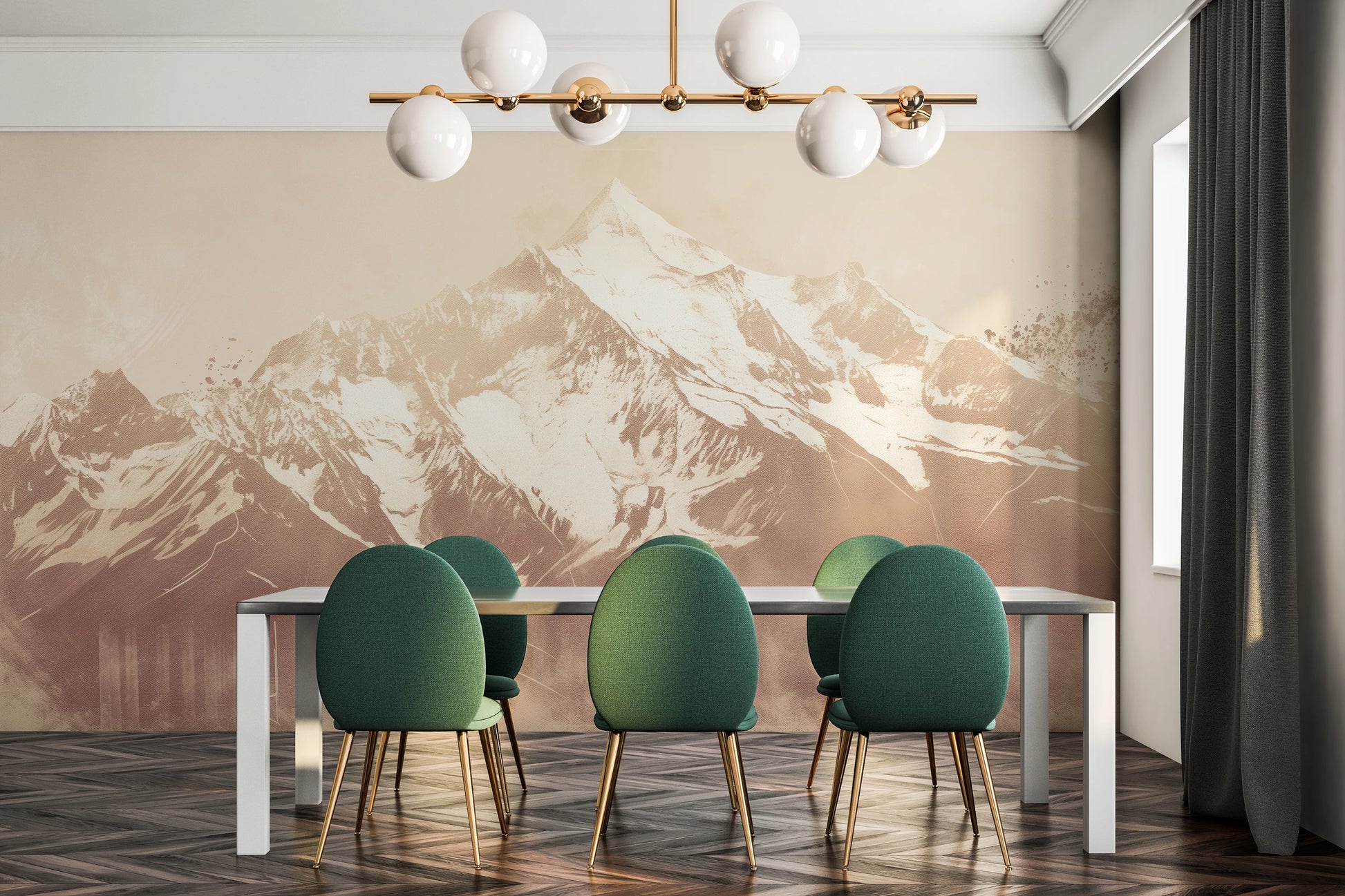 Zdjęcie prezentuje aranżację wnętrza z użyciem fototapety o nazwie Sepia Summit pokazanej w aranżacji wnętrza.