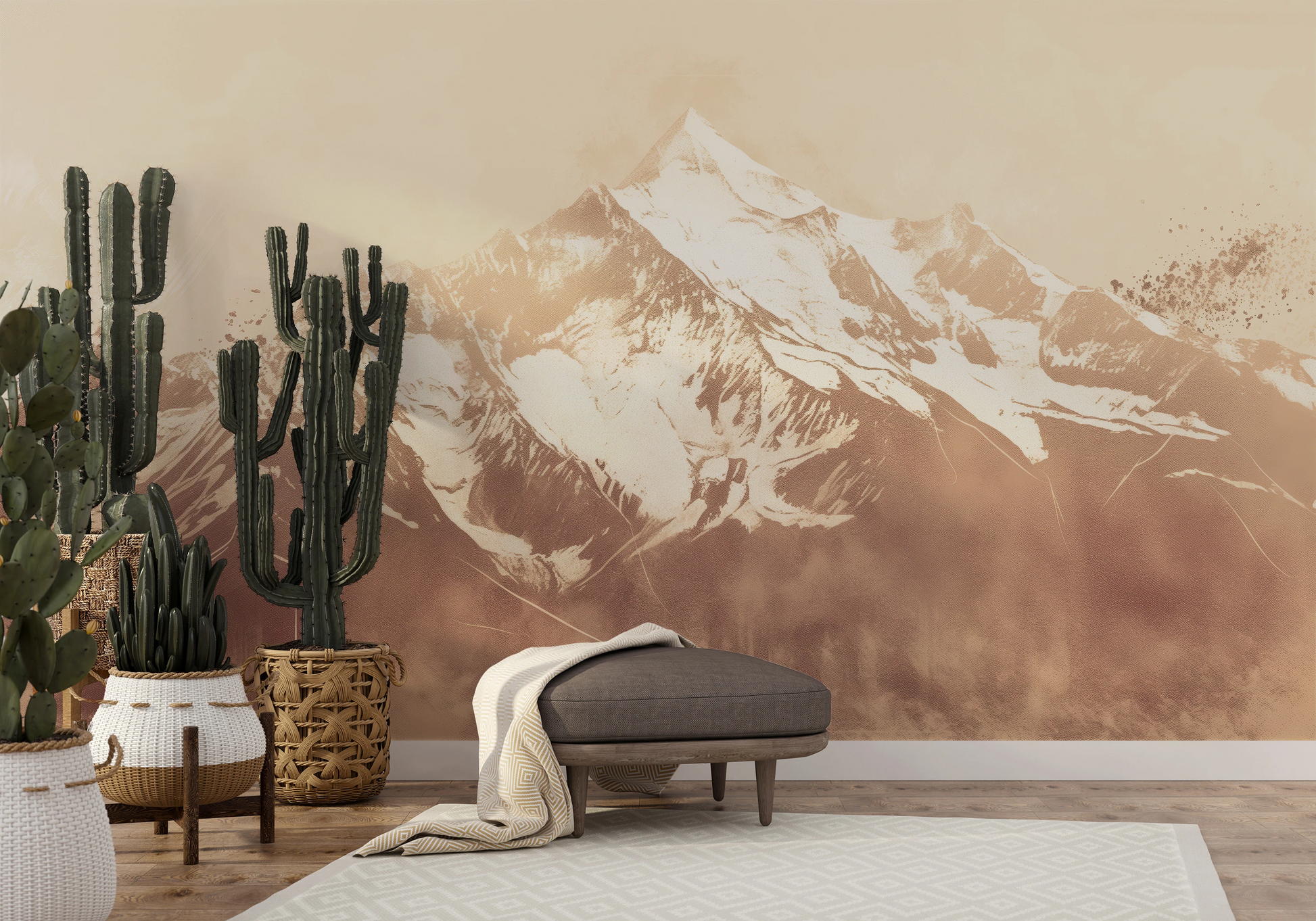 Wzór fototapety o nazwie Sepia Summit pokazanej w kontekście pomieszczenia.