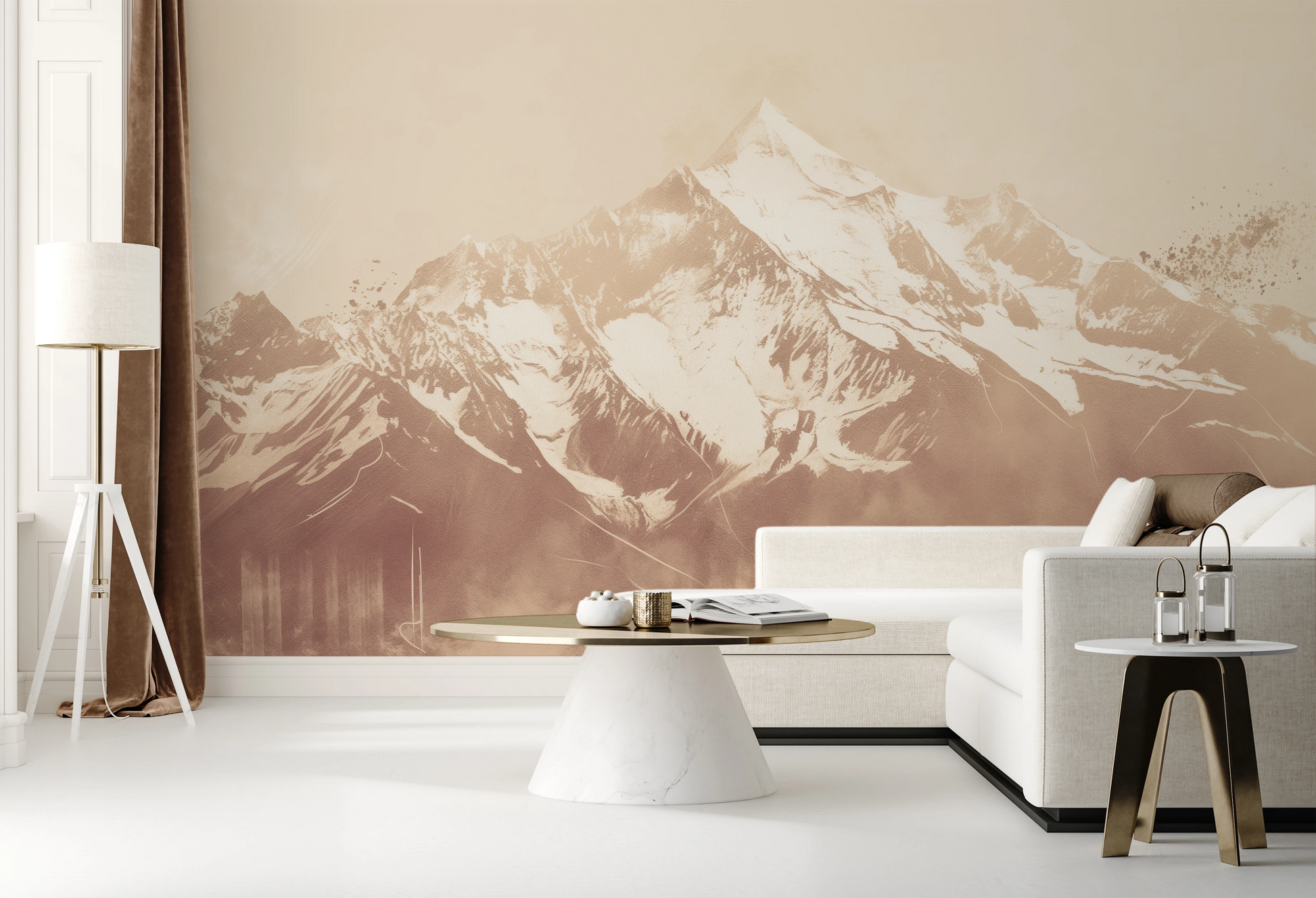 Wzór fototapety artystycznej o nazwie Sepia Summit pokazanej w aranżacji wnętrza.