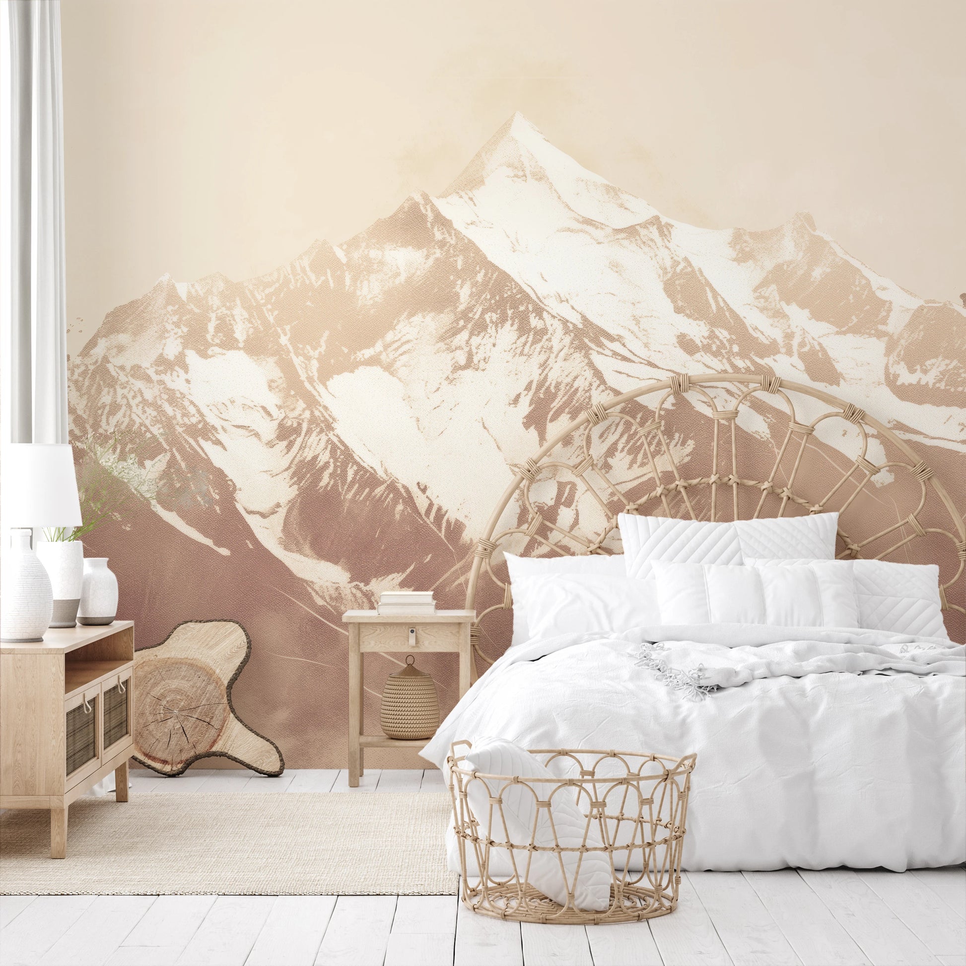 Wzór fototapety artystycznej o nazwie Sepia Summit pokazanej w aranżacji wnętrza.