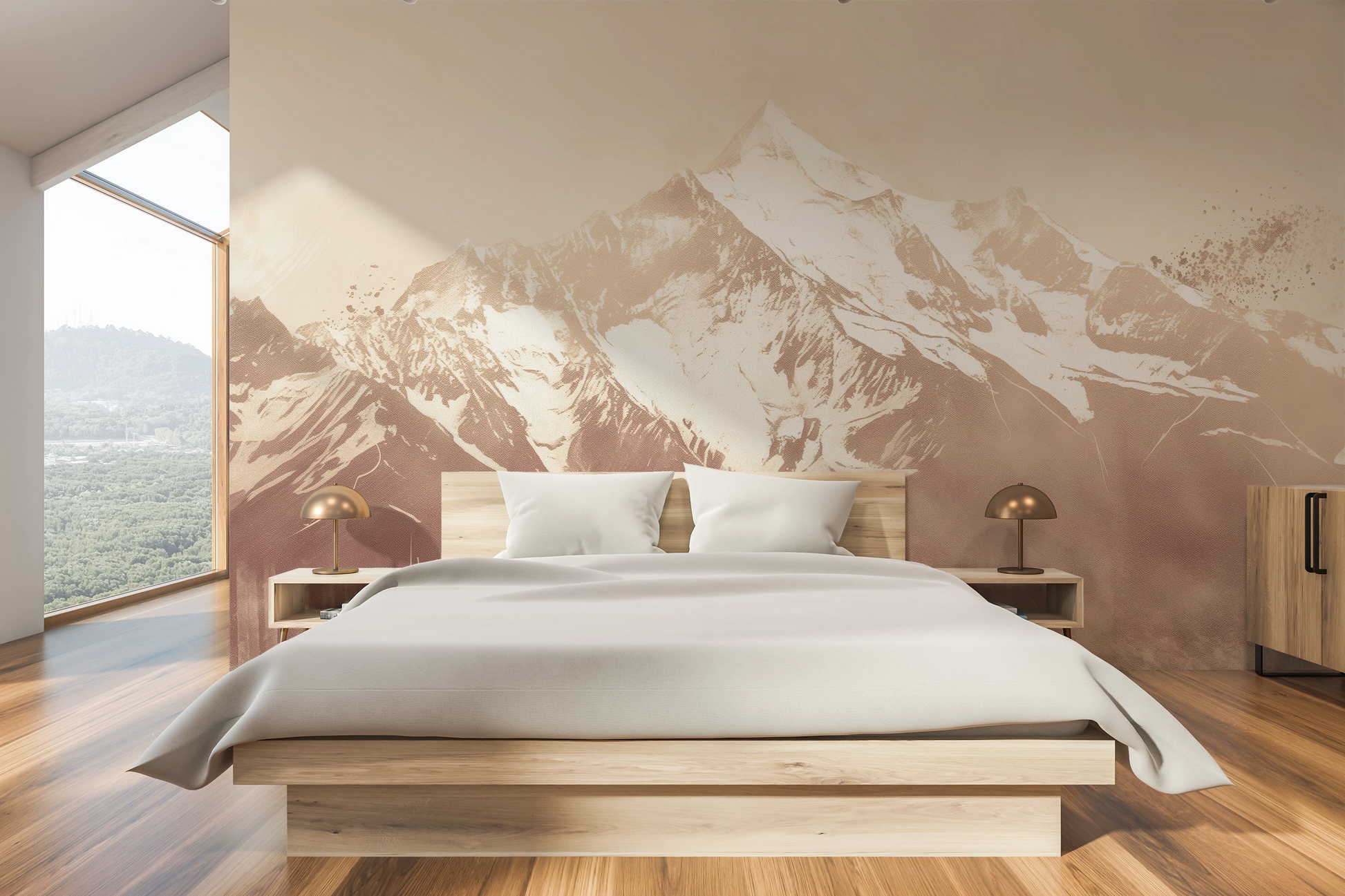 Wzór fototapety malowanej o nazwie Sepia Summit pokazanej w aranżacji wnętrza.