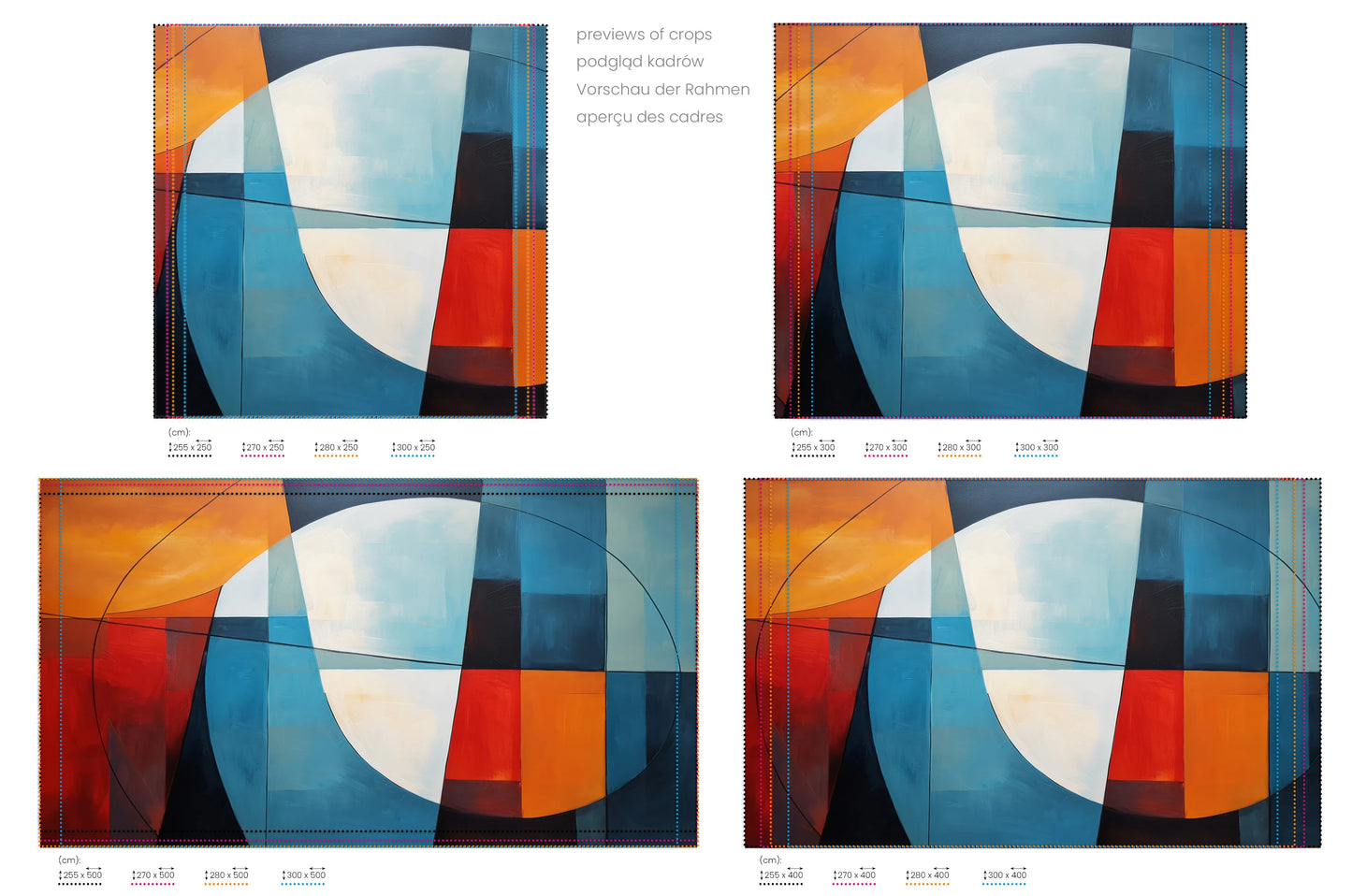 Na obrazie znajduje się prezentacja przykładowych rozmiarów fototapety o nazwie Spherical Harmony in Blue. Rozmiar fototapety jest dowolny.