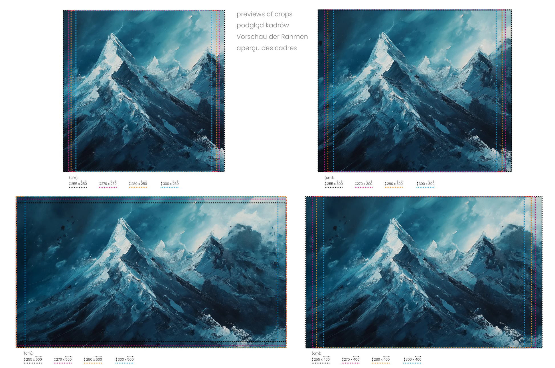 Na obrazie znajduje się prezentacja przykładowych rozmiarów fototapety o nazwie Sapphire Peaks. Rozmiar fototapety jest dowolny.