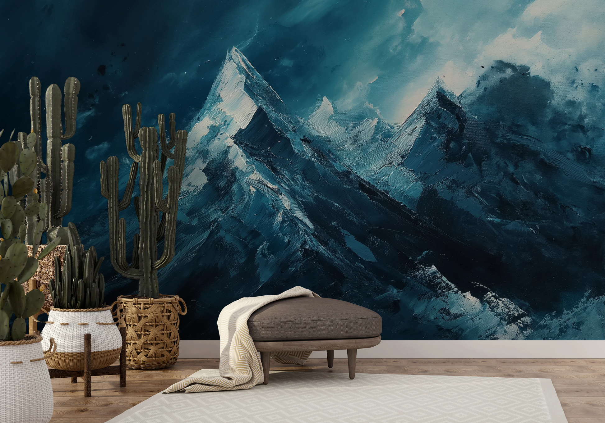 Wzór fototapety malowanej o nazwie Sapphire Peaks pokazanej w aranżacji wnętrza.