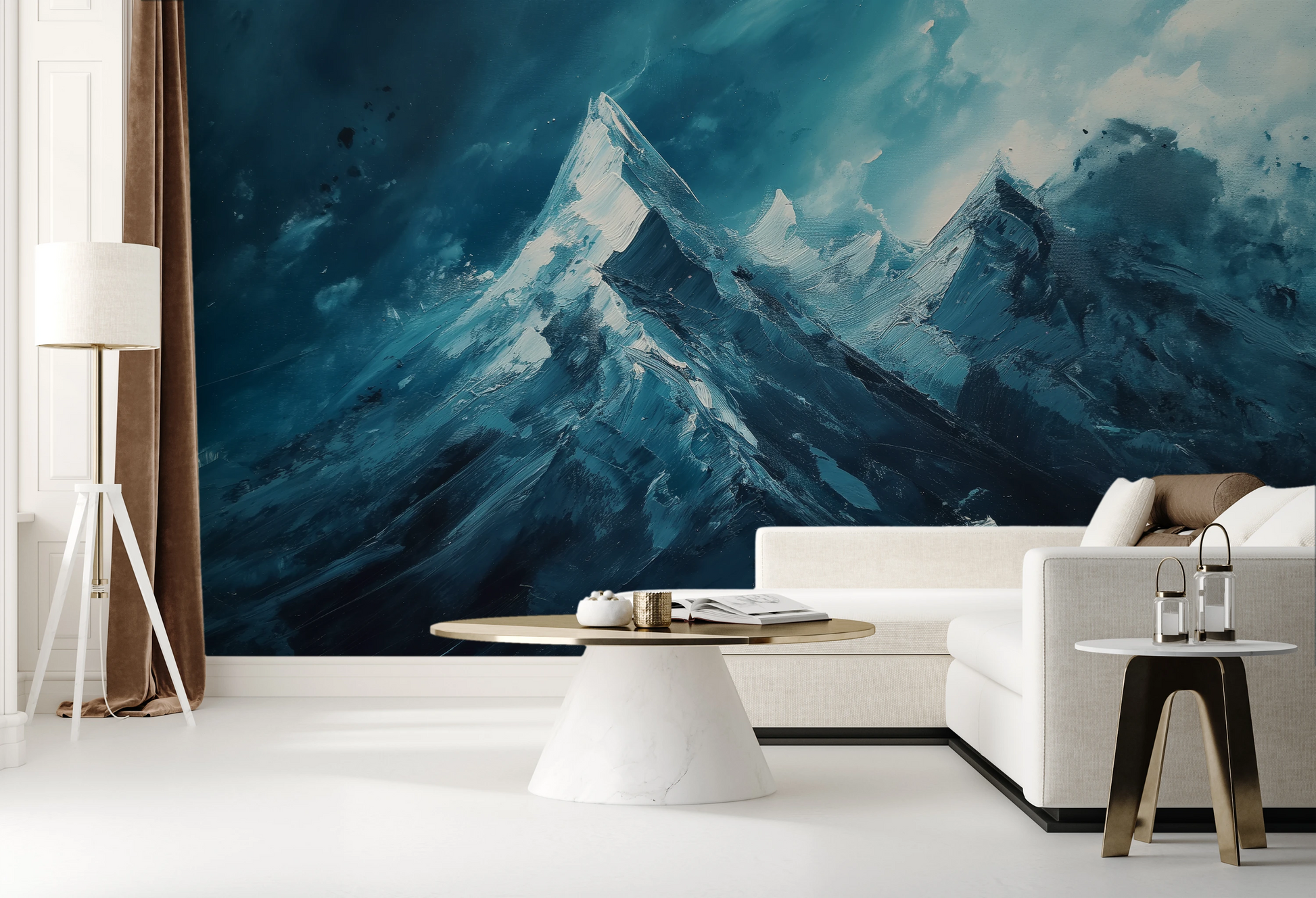 Wzór fototapety artystycznej o nazwie Sapphire Peaks pokazanej w aranżacji wnętrza.