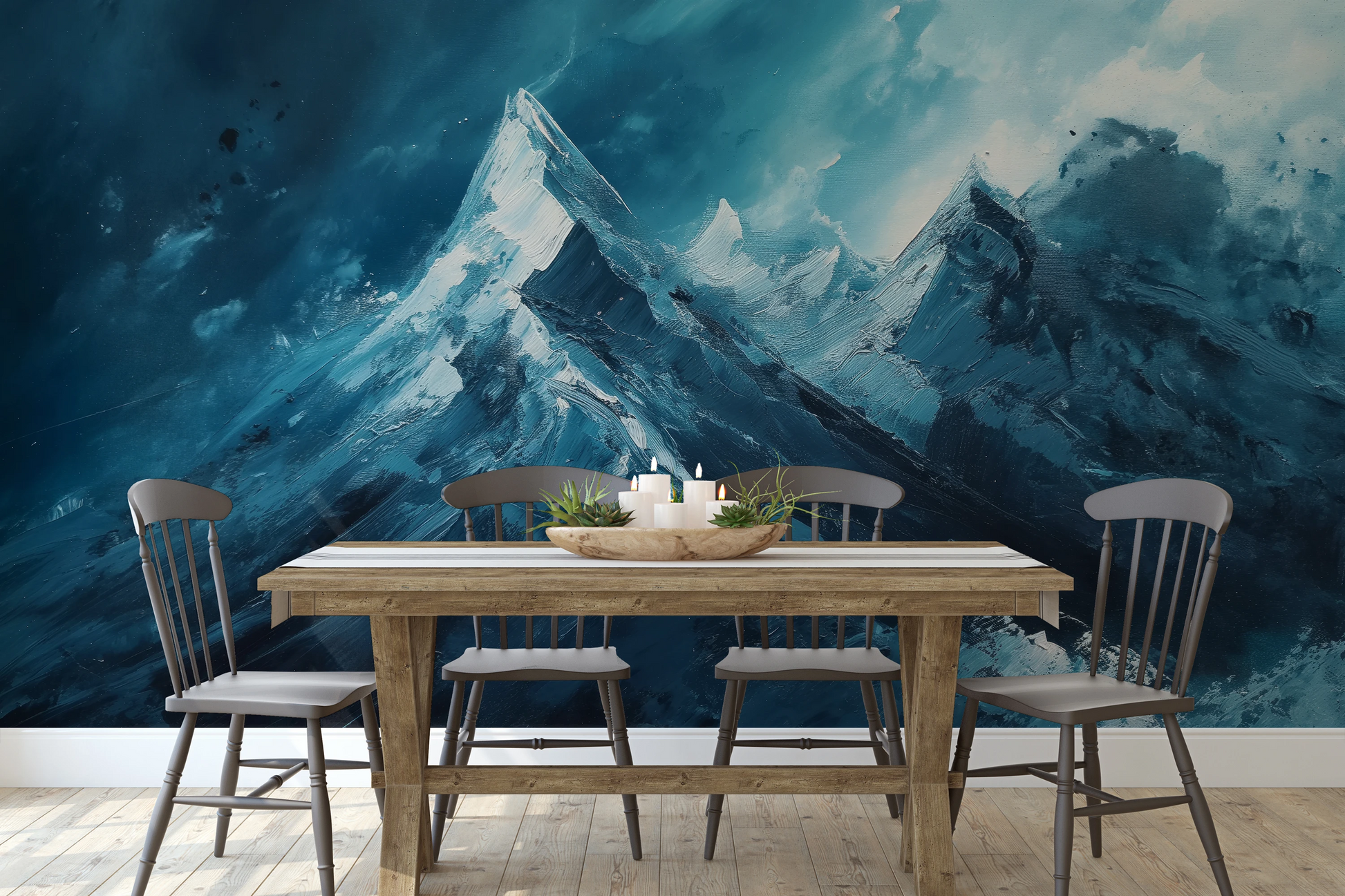 Wzór fototapety artystycznej o nazwie Sapphire Peaks pokazanej w aranżacji wnętrza.