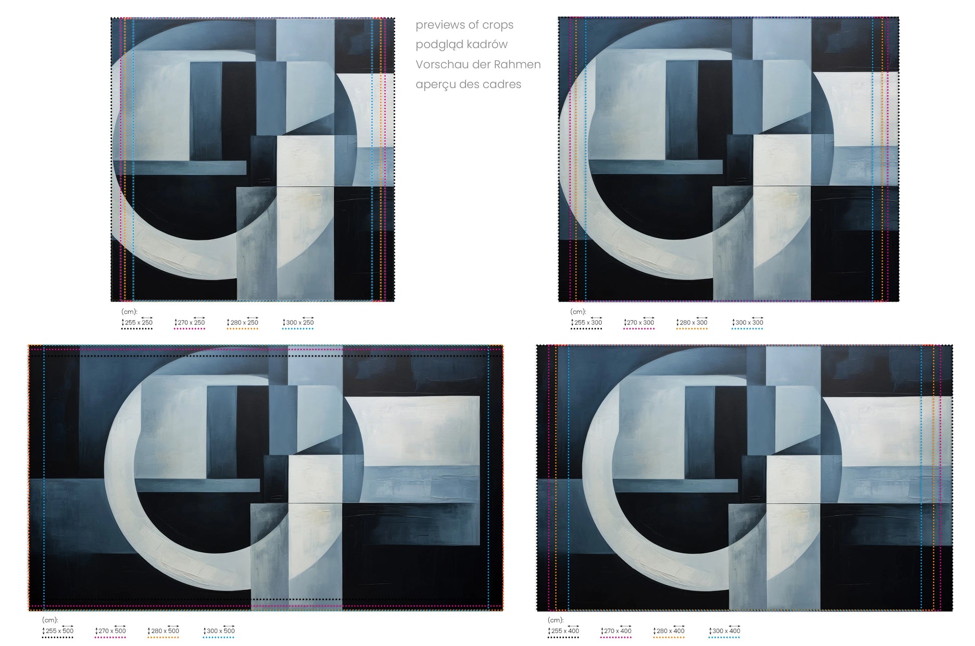 Na obrazie znajduje się prezentacja przykładowych rozmiarów fototapety o nazwie Crescent Moon Geometry. Rozmiar fototapety jest dowolny.