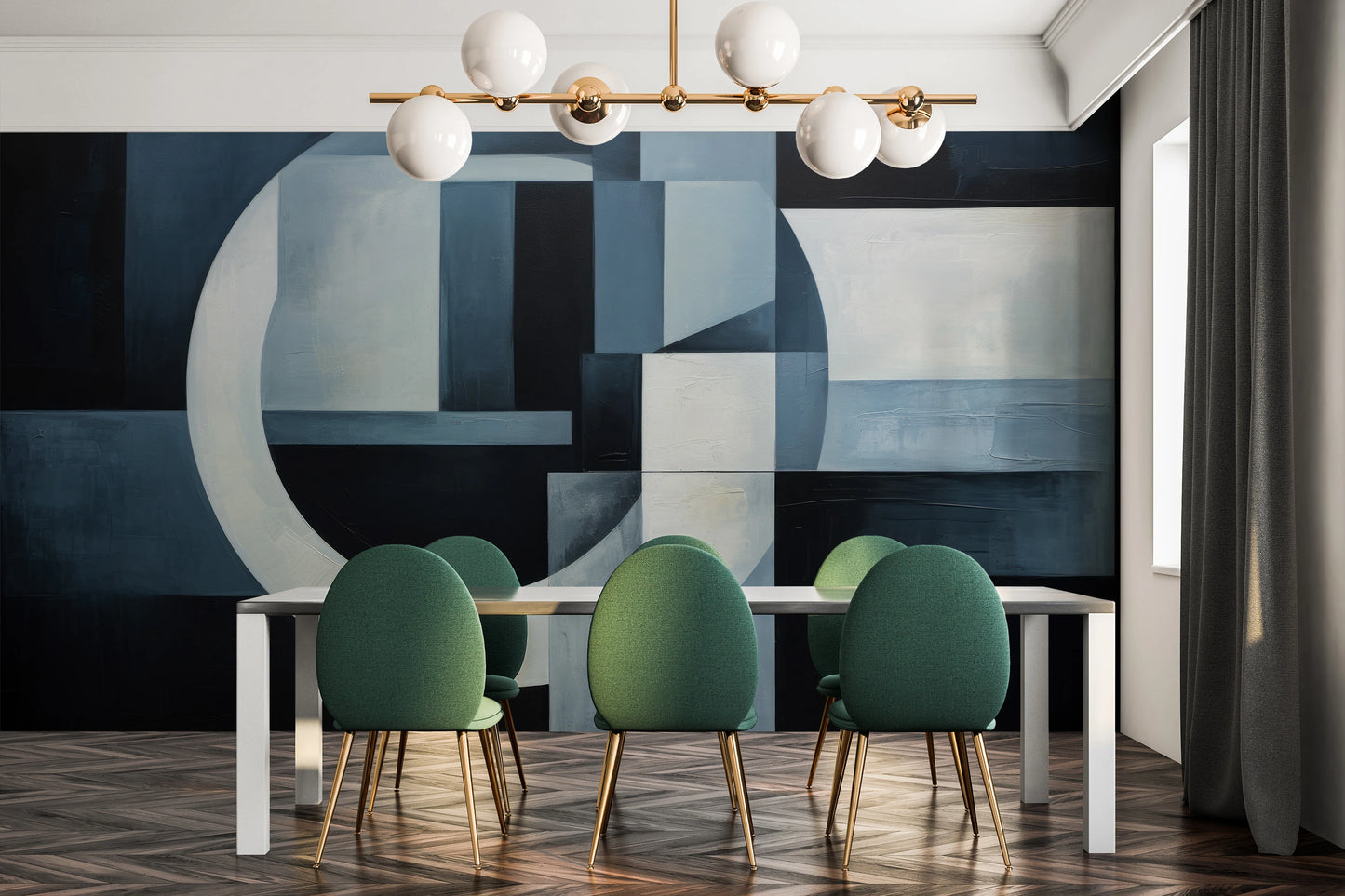 Wzór fototapety artystycznej o nazwie Crescent Moon Geometry pokazanej w aranżacji wnętrza.