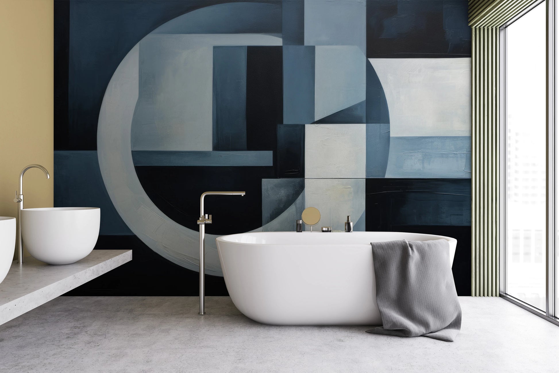 Wzór fototapety o nazwie Crescent Moon Geometry pokazanej w kontekście pomieszczenia.