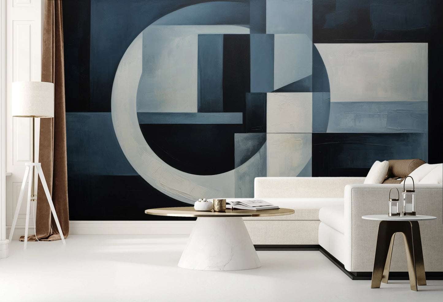 Wzór fototapety artystycznej o nazwie Crescent Moon Geometry pokazanej w aranżacji wnętrza.