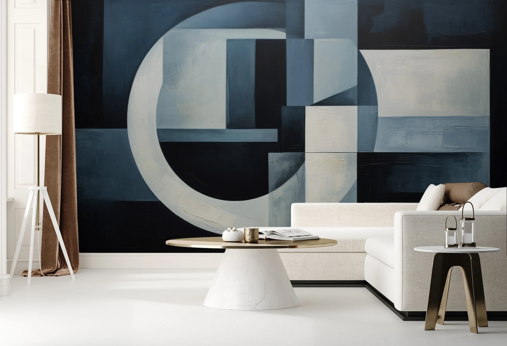 Wzór fototapety artystycznej o nazwie Crescent Moon Geometry pokazanej w aranżacji wnętrza.