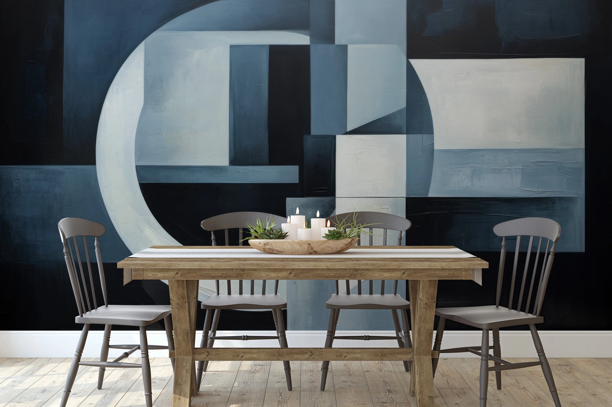 Zdjęcie prezentuje aranżację wnętrza z użyciem fototapety o nazwie Crescent Moon Geometry pokazanej w aranżacji wnętrza.