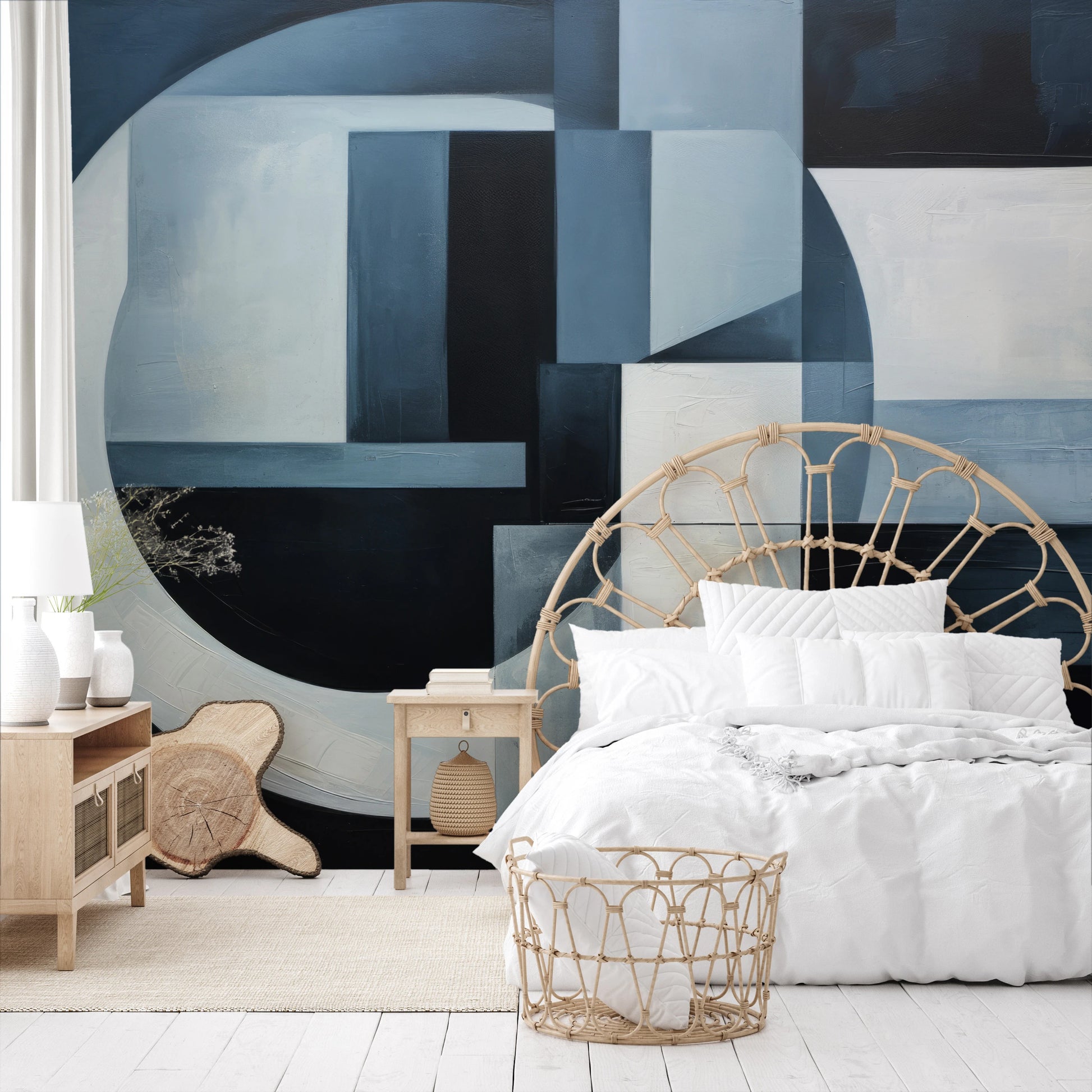 Wzór fototapety malowanej o nazwie Crescent Moon Geometry pokazanej w aranżacji wnętrza.