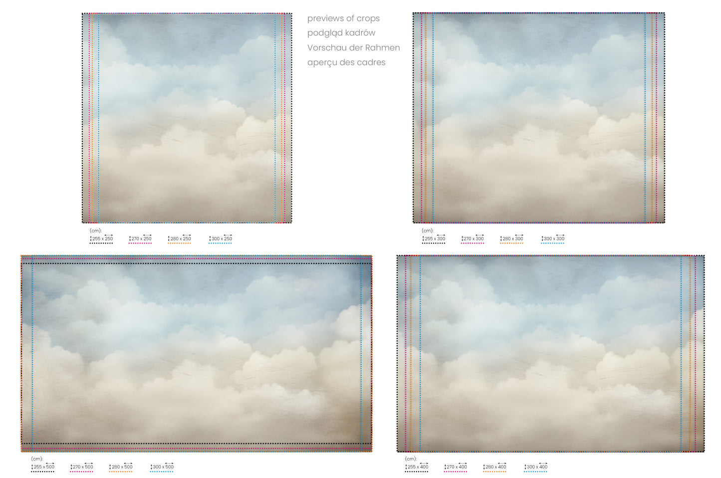 Na obrazie znajduje się prezentacja przykładowych rozmiarów fototapety o nazwie CLOUDS OF SERENE MAJESTY. Rozmiar fototapety jest dowolny.