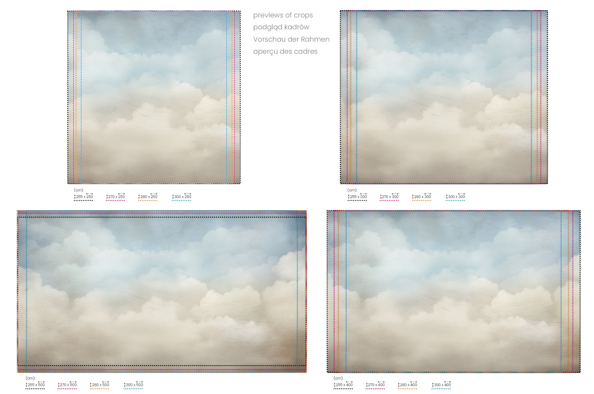 Na obrazie znajduje się prezentacja przykładowych rozmiarów fototapety o nazwie CLOUDS OF SERENE MAJESTY. Rozmiar fototapety jest dowolny.