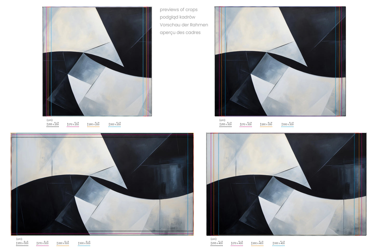 Na obrazie znajduje się prezentacja przykładowych rozmiarów fototapety o nazwie Abstract Monochromatic Peaks. Rozmiar fototapety jest dowolny.