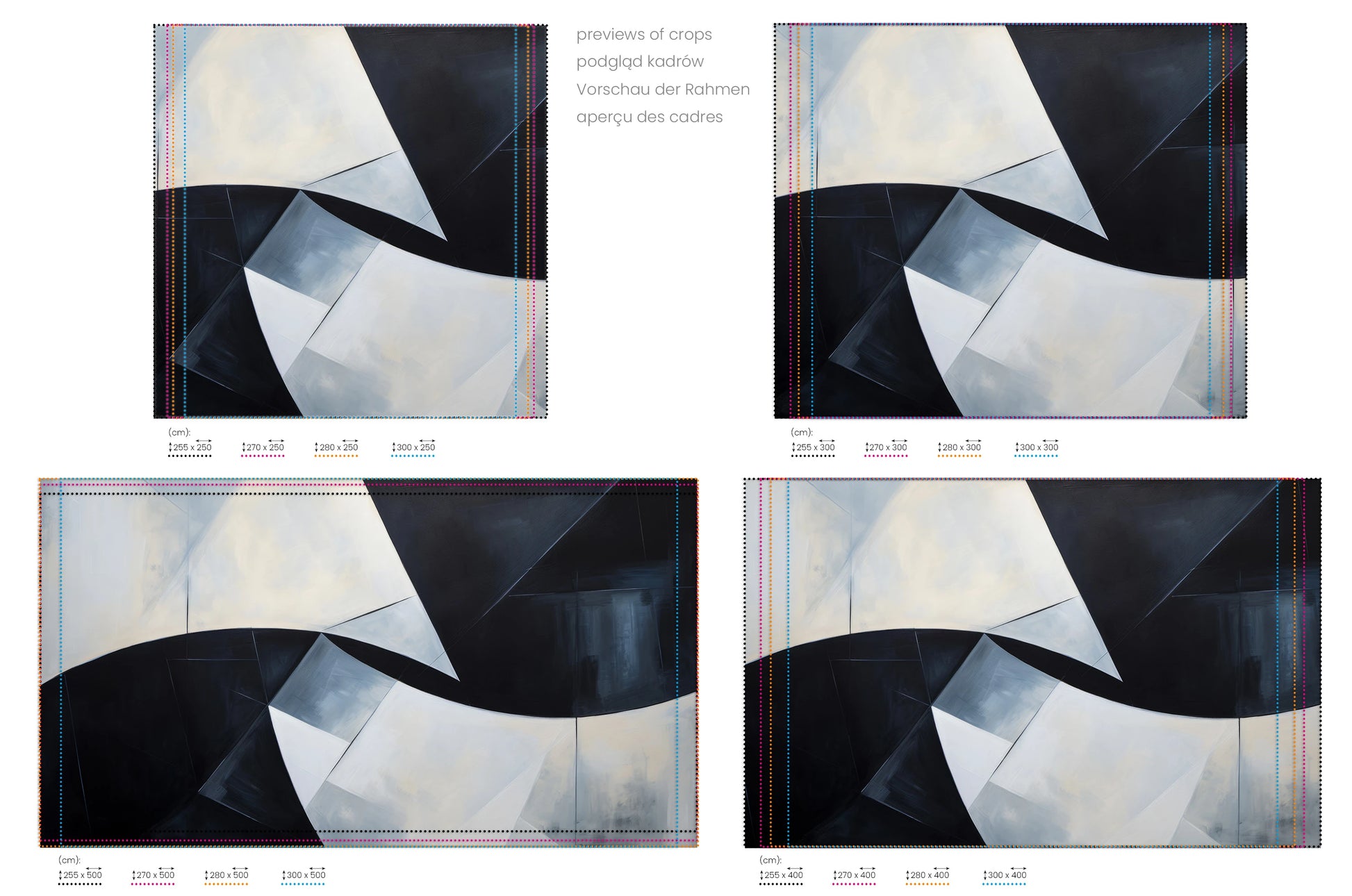Na obrazie znajduje się prezentacja przykładowych rozmiarów fototapety o nazwie Abstract Monochromatic Peaks. Rozmiar fototapety jest dowolny.