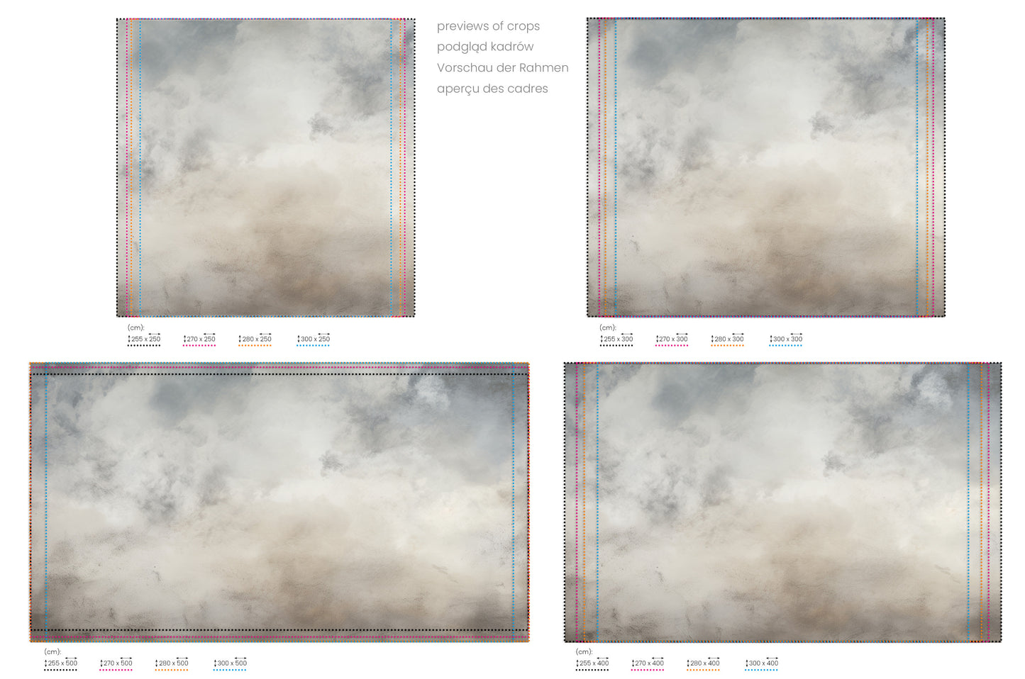 Na obrazie znajduje się prezentacja przykładowych rozmiarów fototapety o nazwie MYSTICAL FOG MURAL #2. Rozmiar fototapety jest dowolny.