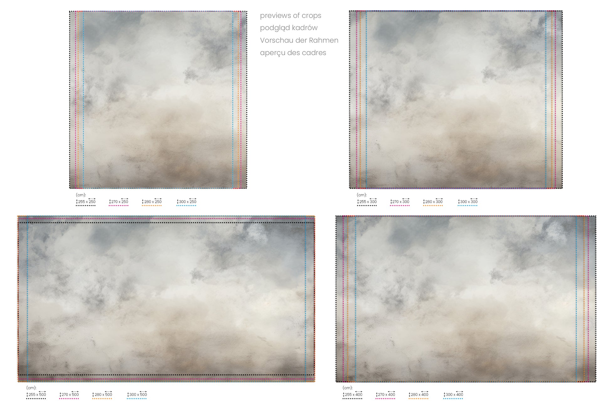 Na obrazie znajduje się prezentacja przykładowych rozmiarów fototapety o nazwie MYSTICAL FOG MURAL #2. Rozmiar fototapety jest dowolny.