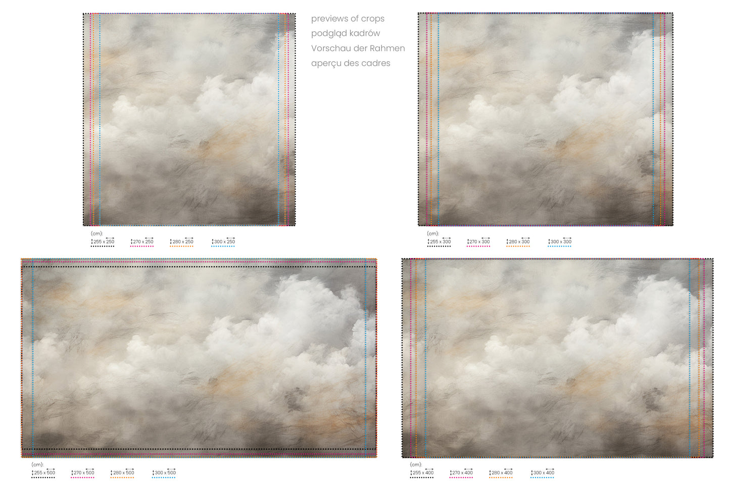 Na obrazie znajduje się prezentacja przykładowych rozmiarów fototapety o nazwie STORM'S BREATH CANVAS. Rozmiar fototapety jest dowolny.