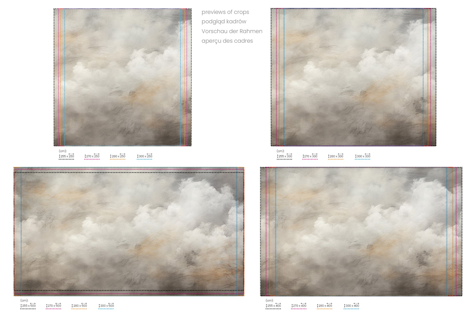 Na obrazie znajduje się prezentacja przykładowych rozmiarów fototapety o nazwie STORM'S BREATH CANVAS. Rozmiar fototapety jest dowolny.