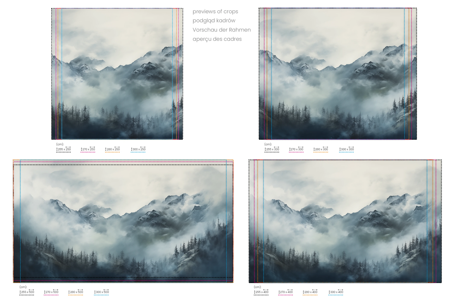Na obrazie znajduje się prezentacja przykładowych rozmiarów fototapety o nazwie Ethereal Fog. Rozmiar fototapety jest dowolny.