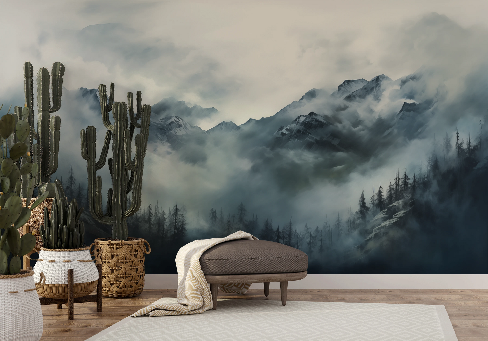 Zdjęcie prezentuje aranżację wnętrza z użyciem fototapety o nazwie Ethereal Fog pokazanej w aranżacji wnętrza.