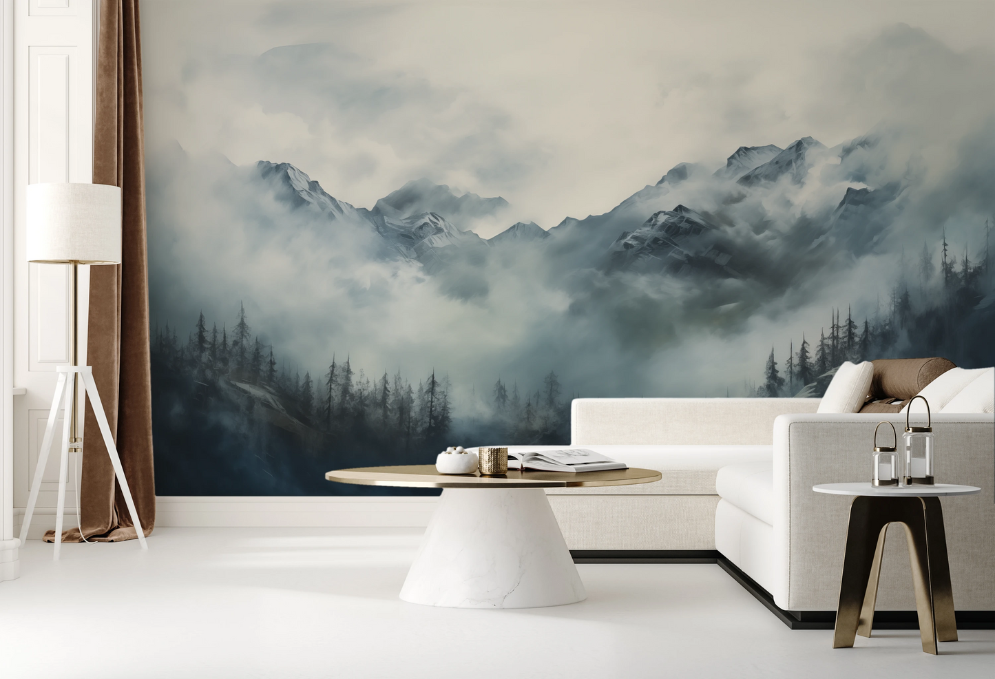 Wzór fototapety malowanej o nazwie Ethereal Fog pokazanej w aranżacji wnętrza.