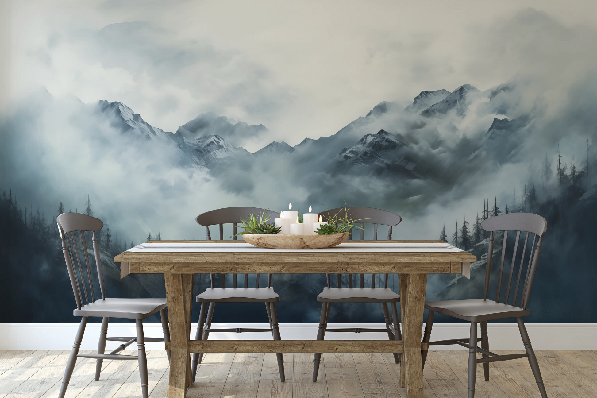 Fototapeta artystyczna o nazwie Ethereal Fog pokazana w aranżacji wnętrza.