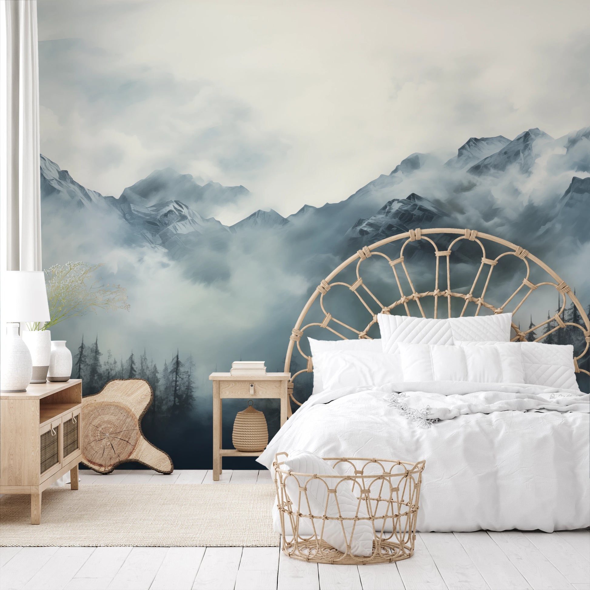 Wzór fototapety artystycznej o nazwie Ethereal Fog pokazanej w aranżacji wnętrza.