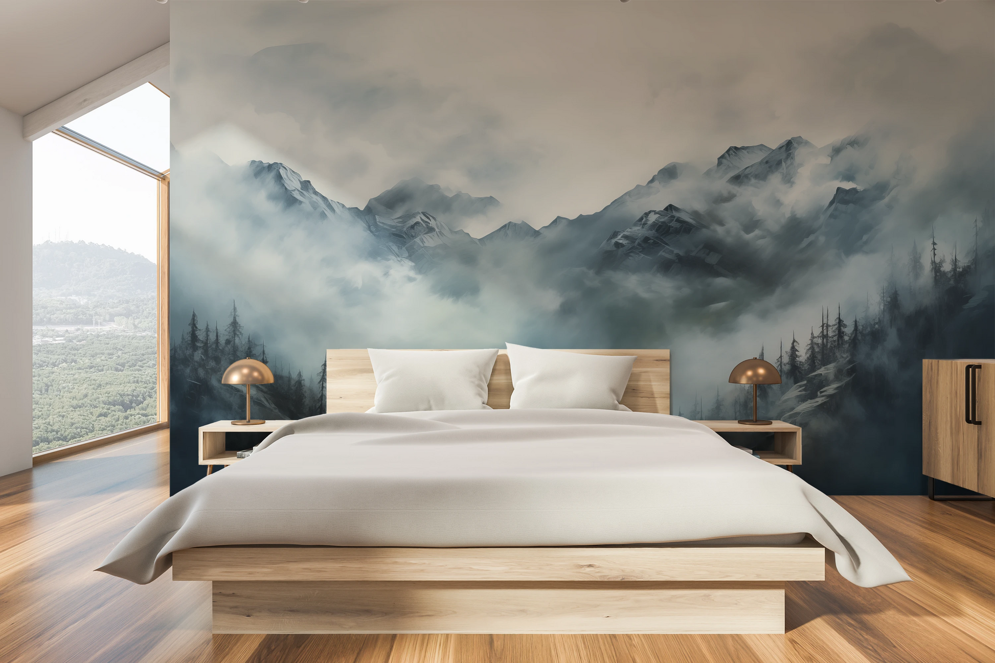 Wzór fototapety artystycznej o nazwie Ethereal Fog pokazanej w aranżacji wnętrza.