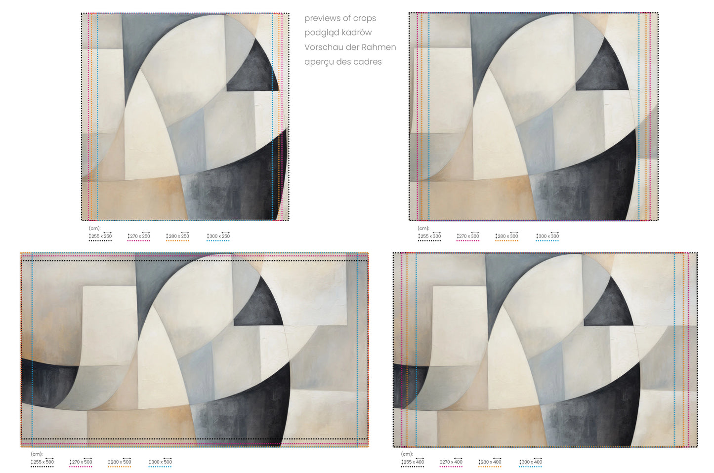 Na obrazie znajduje się prezentacja przykładowych rozmiarów fototapety o nazwie Soft Geometric Blends. Rozmiar fototapety jest dowolny.