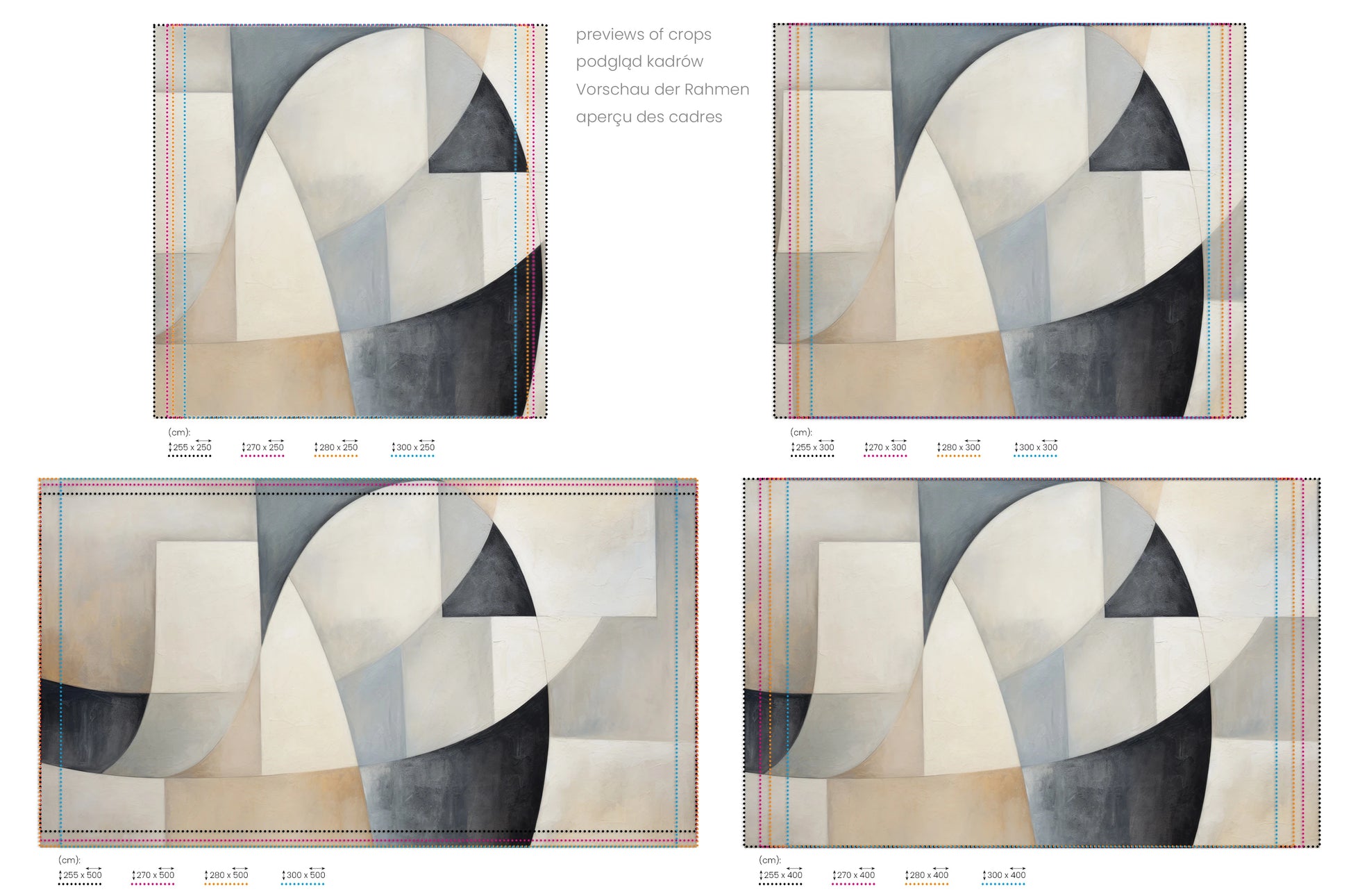 Na obrazie znajduje się prezentacja przykładowych rozmiarów fototapety o nazwie Soft Geometric Blends. Rozmiar fototapety jest dowolny.