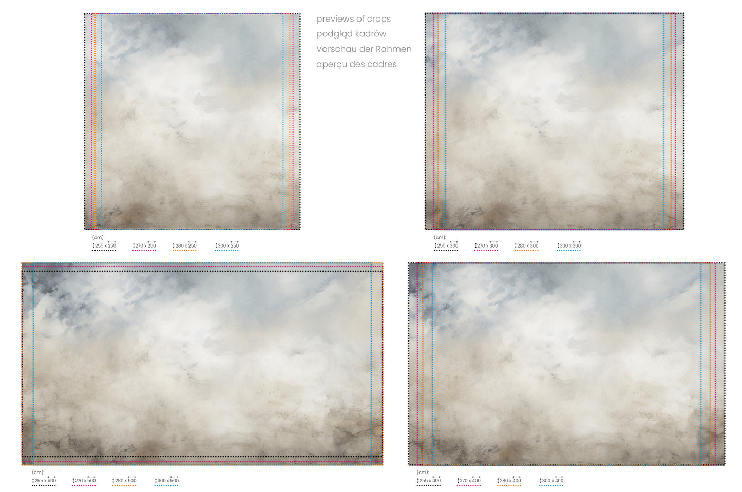 Na obrazie znajduje się prezentacja przykładowych rozmiarów fototapety o nazwie ETHEREAL SKY WHISPERS. Rozmiar fototapety jest dowolny.