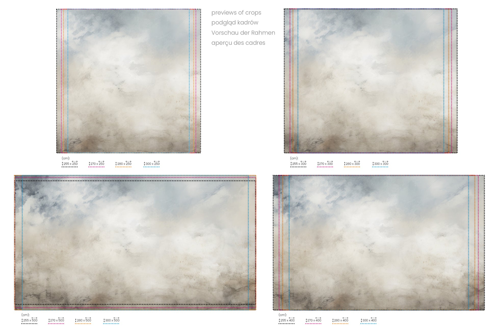Na obrazie znajduje się prezentacja przykładowych rozmiarów fototapety o nazwie ETHEREAL SKY WHISPERS. Rozmiar fototapety jest dowolny.