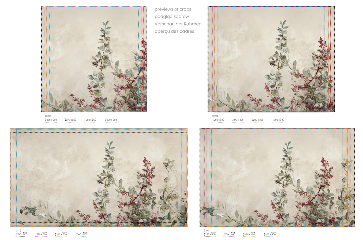 Na obrazie znajduje się prezentacja przykładowych rozmiarów fototapety o nazwie Old Master's Flora. Rozmiar fototapety jest dowolny.