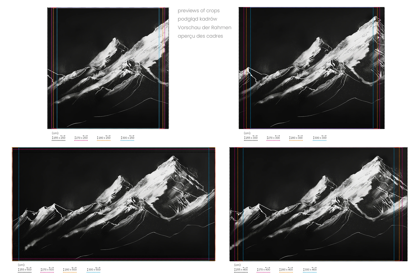 Na obrazie znajduje się prezentacja przykładowych rozmiarów fototapety o nazwie Monochrome Majesty. Rozmiar fototapety jest dowolny.