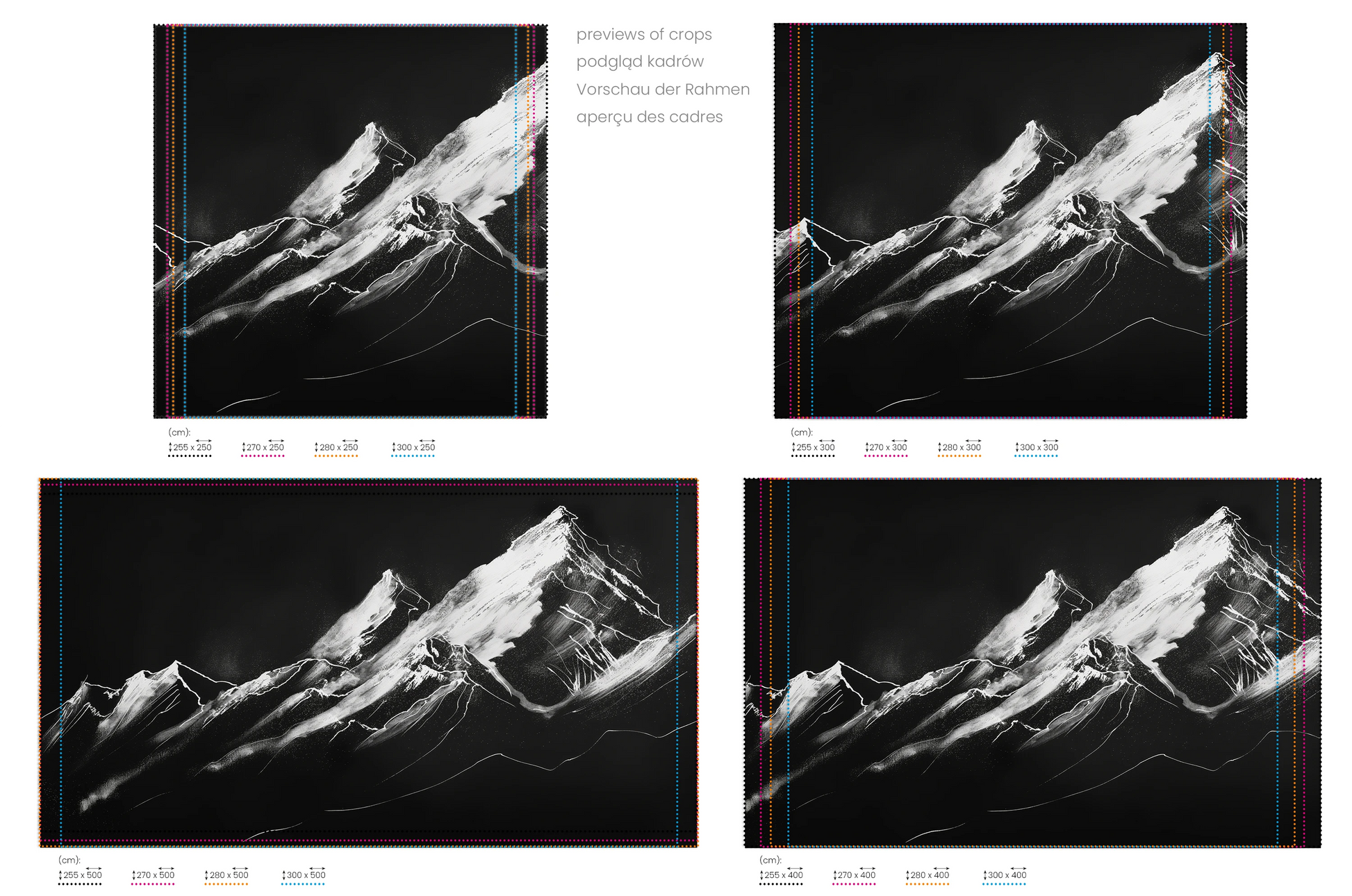 Na obrazie znajduje się prezentacja przykładowych rozmiarów fototapety o nazwie Monochrome Majesty. Rozmiar fototapety jest dowolny.