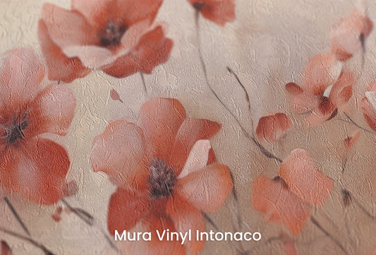 Zbliżenie na artystyczną fototapetę o nazwie Dawn Petal Dance na podłożu Mura Vinyl Intonaco - struktura tartego tynku.