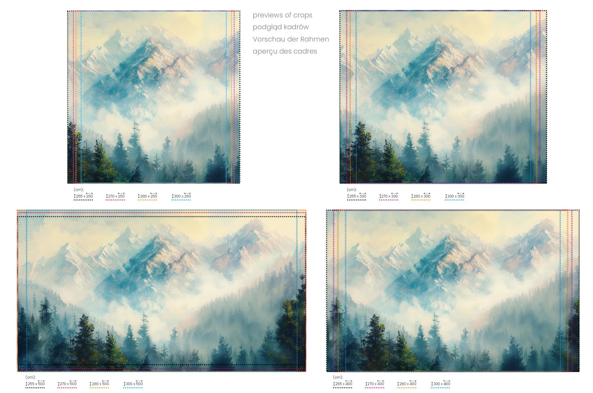 Na obrazie znajduje się prezentacja przykładowych rozmiarów fototapety o nazwie Misty Forest Peaks. Rozmiar fototapety jest dowolny.