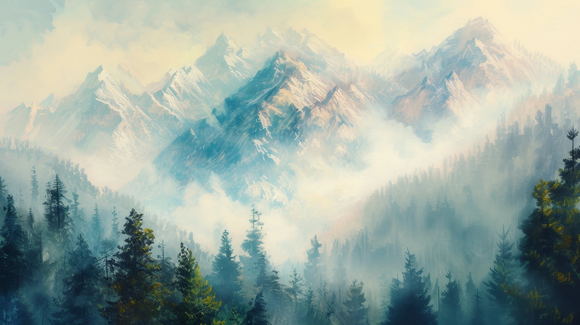 Prezentacja całego wzoru fototapety o nazwie Misty Forest Peaks