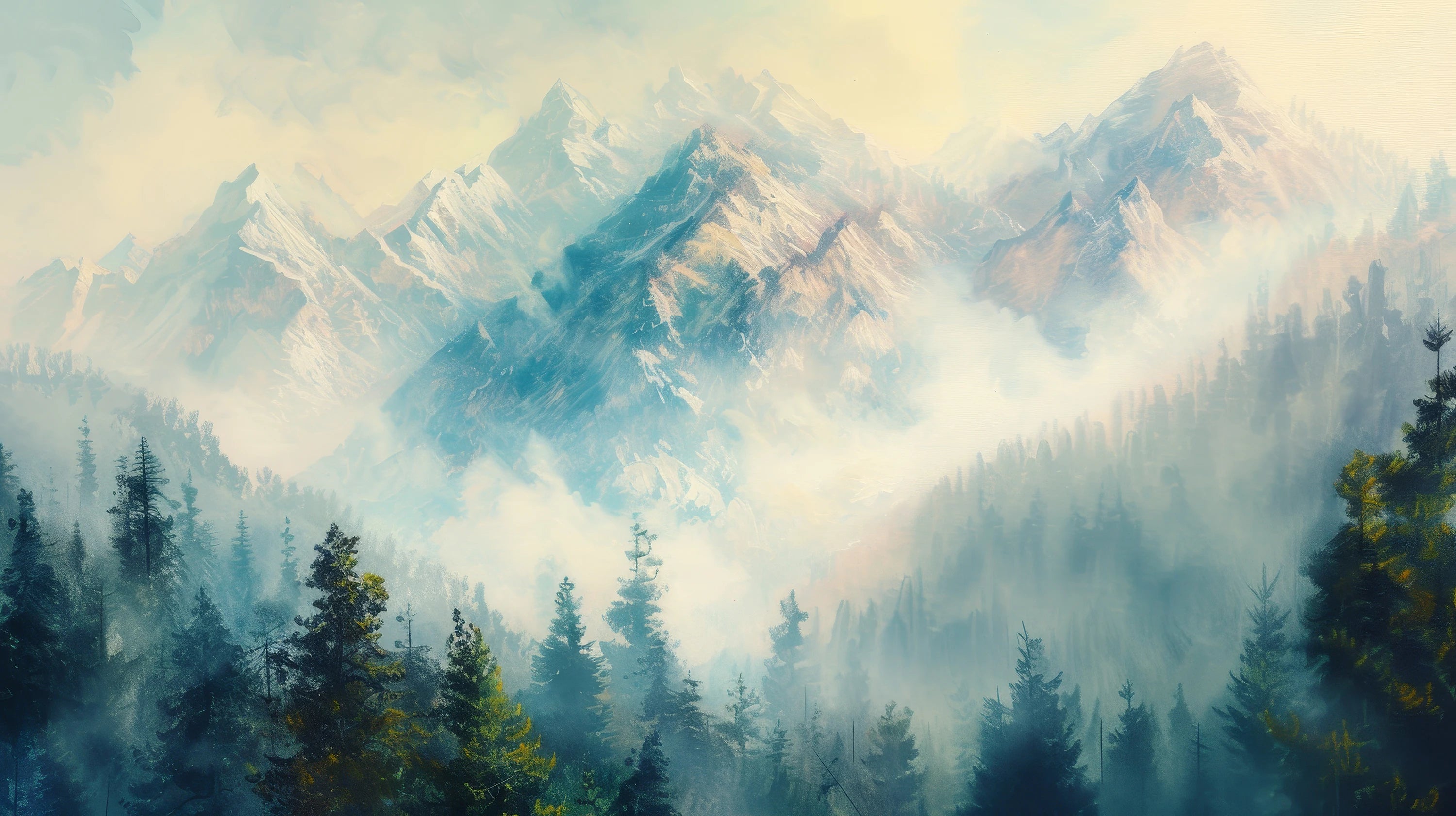 Mustervorschau: Prezentacja całego wzoru fototapety o nazwie Misty Forest Peaks