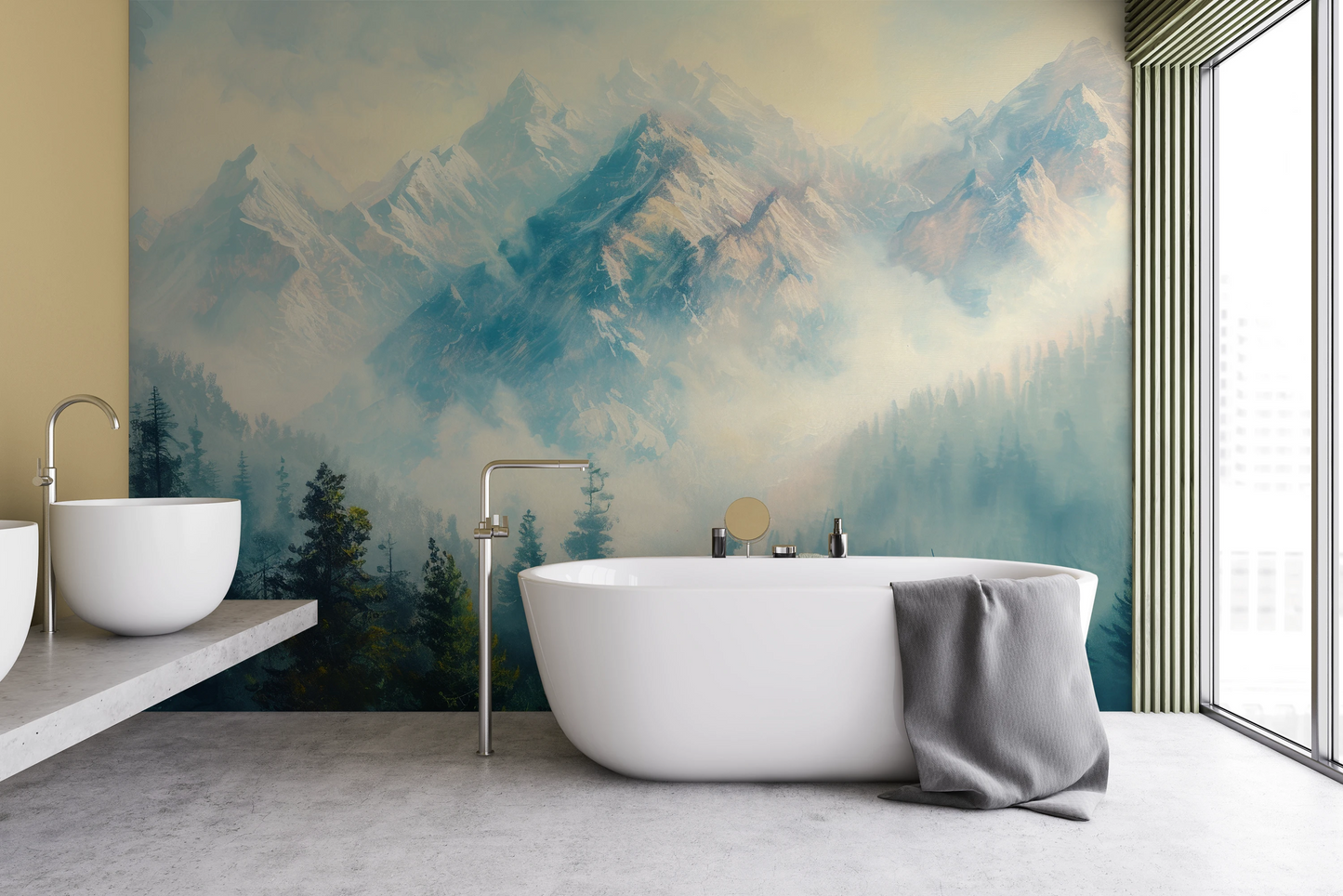 Zdjęcie prezentuje aranżację wnętrza z użyciem fototapety o nazwie Misty Forest Peaks pokazanej w aranżacji wnętrza.