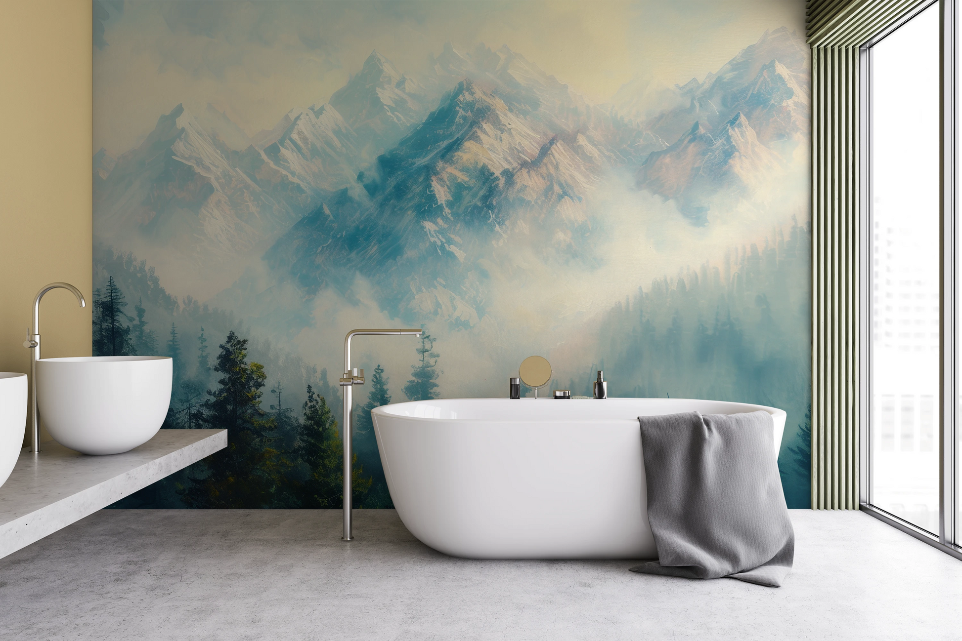 Zdjęcie prezentuje aranżację wnętrza z użyciem fototapety o nazwie Misty Forest Peaks pokazanej w aranżacji wnętrza.