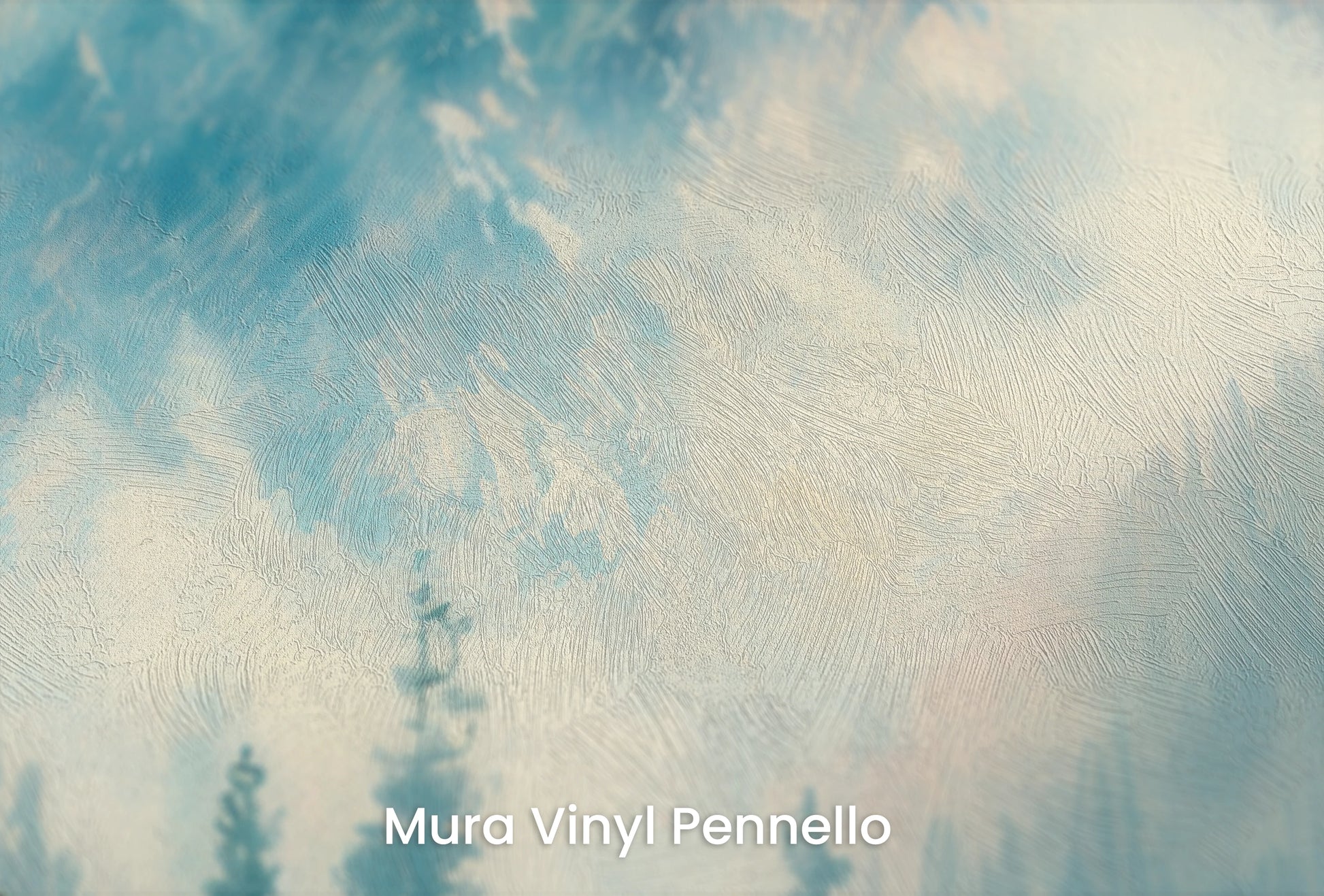 Zbliżenie na artystyczną fototapetę o nazwie Misty Forest Peaks na podłożu Mura Vinyl Pennello - faktura pociągnięć pędzla malarskiego.